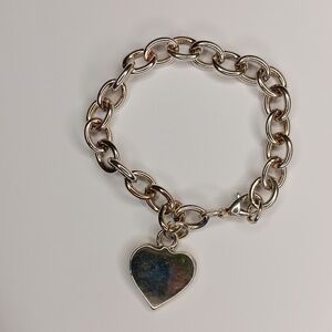 Vintage Y2k silver tone chain charm bracelet w/ engravable stainless steel heart